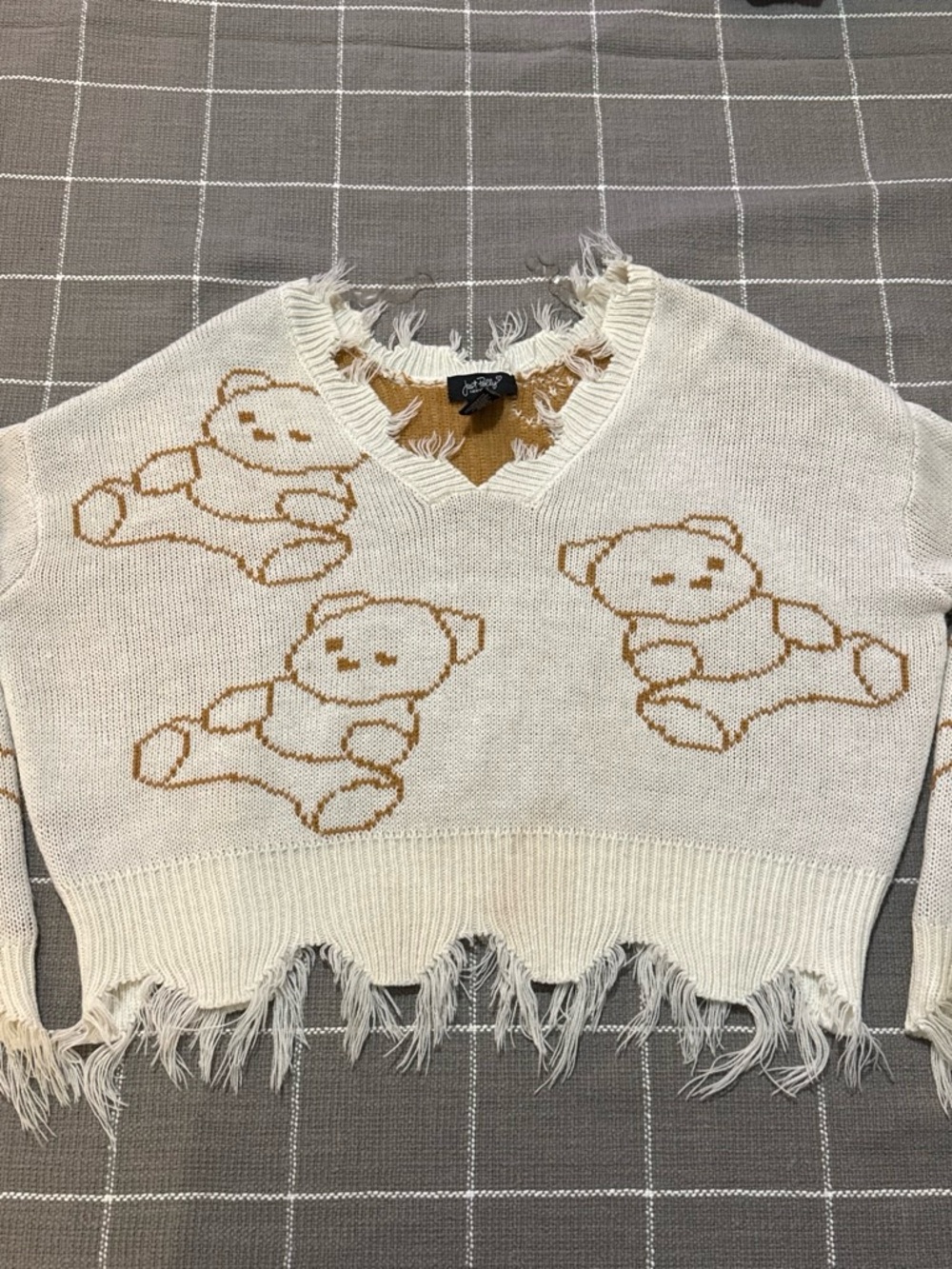 Just Polly white cropped acrylic sweater with brown teddy bears - Cream/Tan